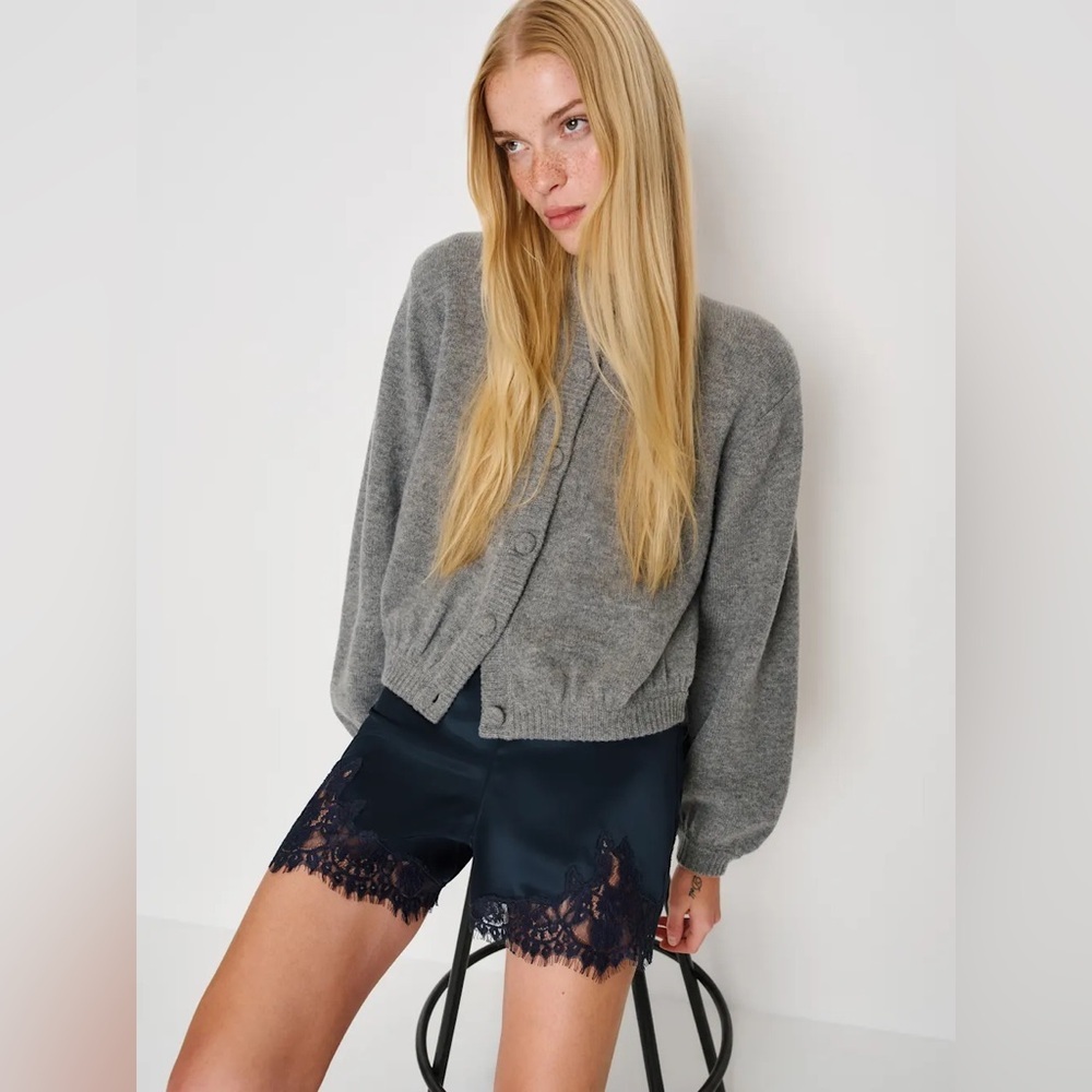 NEW Reformation Fern Midnight Navy Lace Trim Satin Shorts Elastic Waist | US S